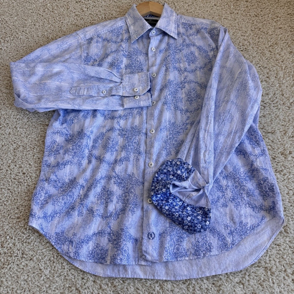 Bugatchi Uomo Shirt Mens Medium Blue White Floral Embroidered Striped Excellent